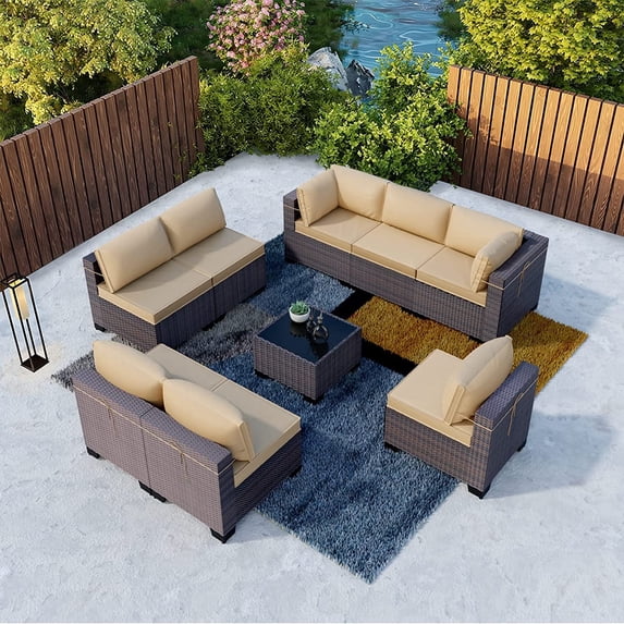 Gotland Outdoor Patio Furniture Set 9 Piece Sectional Rattan Sofa Set Rattan Wicker Patio Conversation Set with 8 Seat Cushions and 1 Tempered Glass Table,Sand