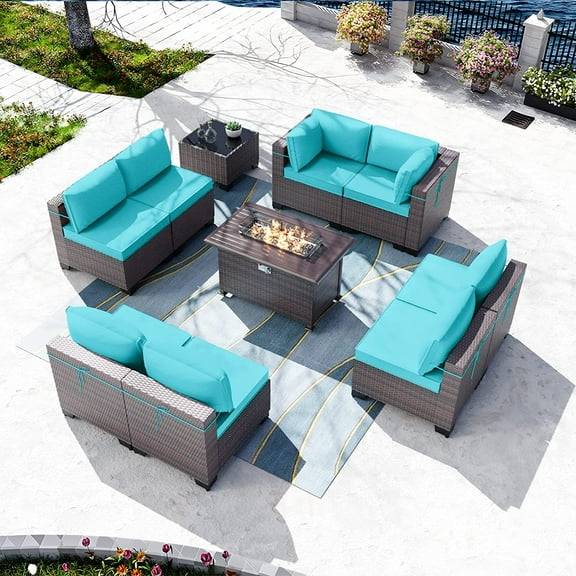 Gotland Outdoor Patio Furniture Set with 43" Propane Fire Pit Table, 10 Pieces Outdoor Furniture Patio Sectional Sofa Conversation Sets(blue)