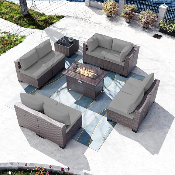 Gotland Outdoor Patio Furniture Set with 43" Propane Fire Pit Table, 10 Pieces Outdoor Furniture Patio Sectional Sofa Conversation Sets(grey）