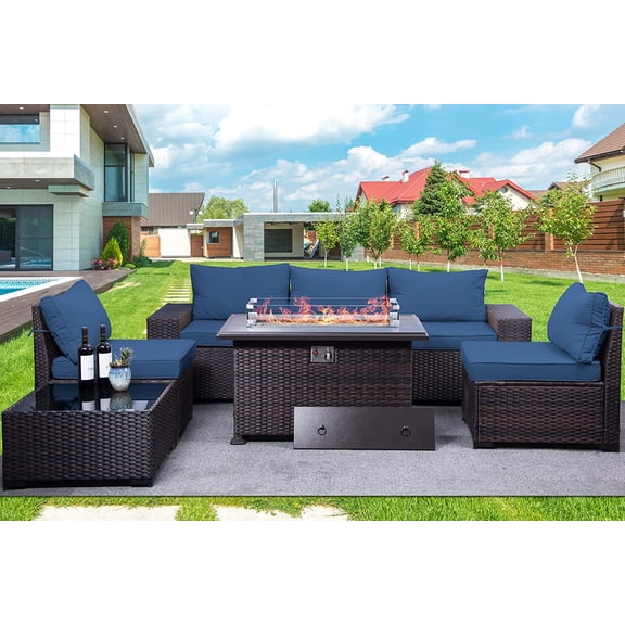 Gotland Outdoor Patio Furniture Set with 43" Propane Fire Pit Table, 7 Pieces Outdoor Furniture Patio Sectional Sofa Conversation Sets(navy blue)