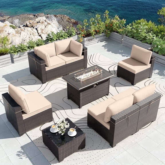 Gotland Outdoor Patio Furniture Set with 43" Propane Fire Pit Table, 8 Pieces Conversation Sets Wicker,Sand