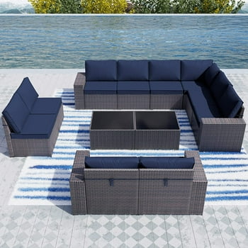 Gotland Outdoor Patio Sectional Furniture Conversation Set 12Pcs Rattan Wicker 10 Cushion Table Blue