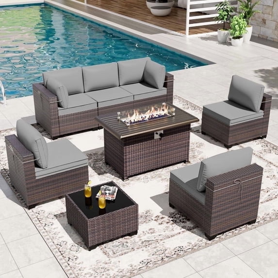 Gotland 8-Piece Rattan Wicker Patio Furniture Set with Propane Table, Gray