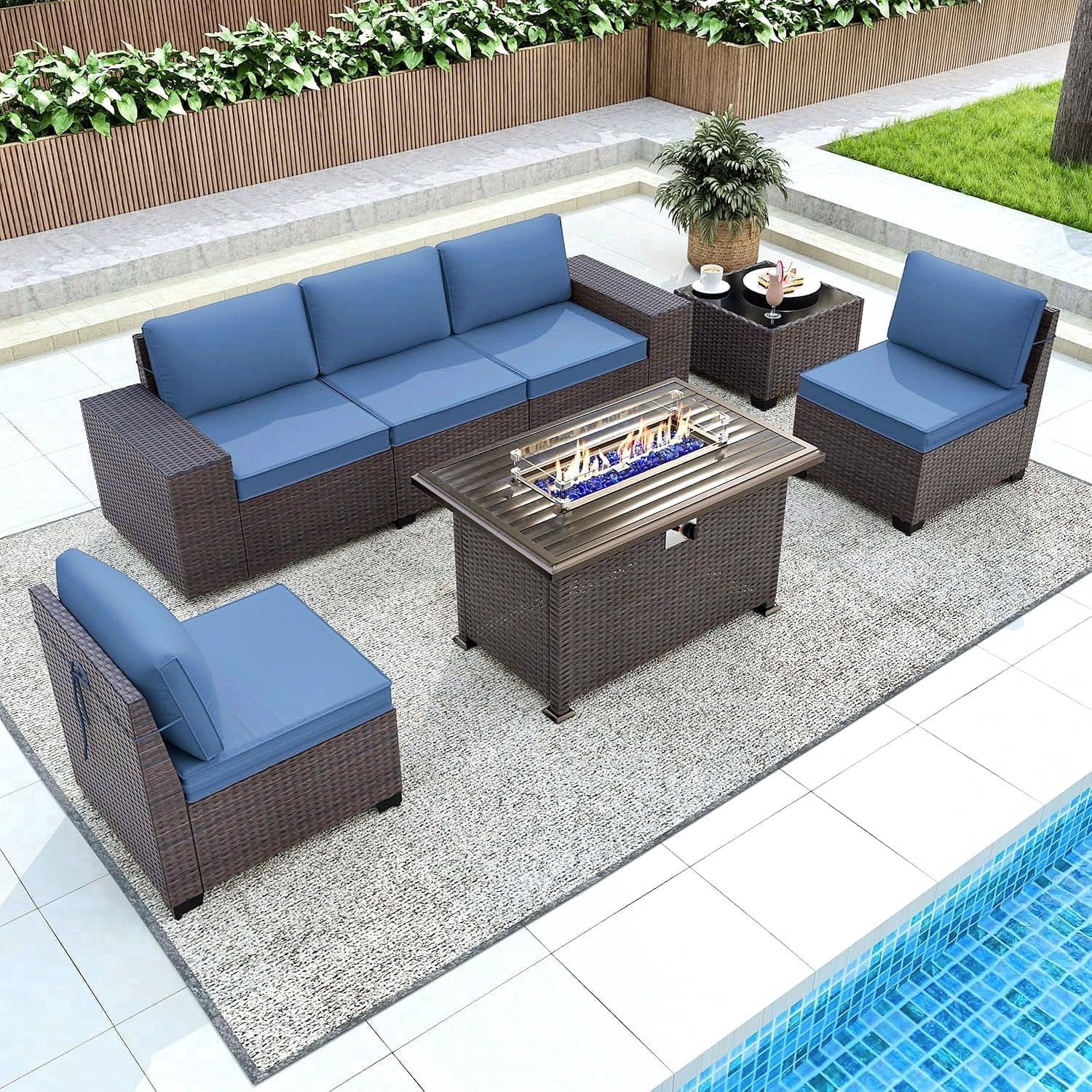 Gotland Outdoor Patio Set 8 Pcs Rattan Wicker Sofa with 43.3" Gas Fire Pit Table, Navy Blue
