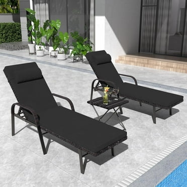 Kullavik Patio Chaise Lounge Sets Outdoor Armchair Recliner Rattan Adjustable Back 3 Pieces Cushioned Patio Folding Chaise Lounge with Folding Table - Black