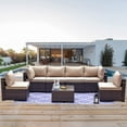 thumbnail image 1 of Gotland Patio Furniture Set 7 Pcs Outdoor Sectional Rattan Sofa Brown Sand Cushions,1 Tempered Glass Tea Table, 1 of 6