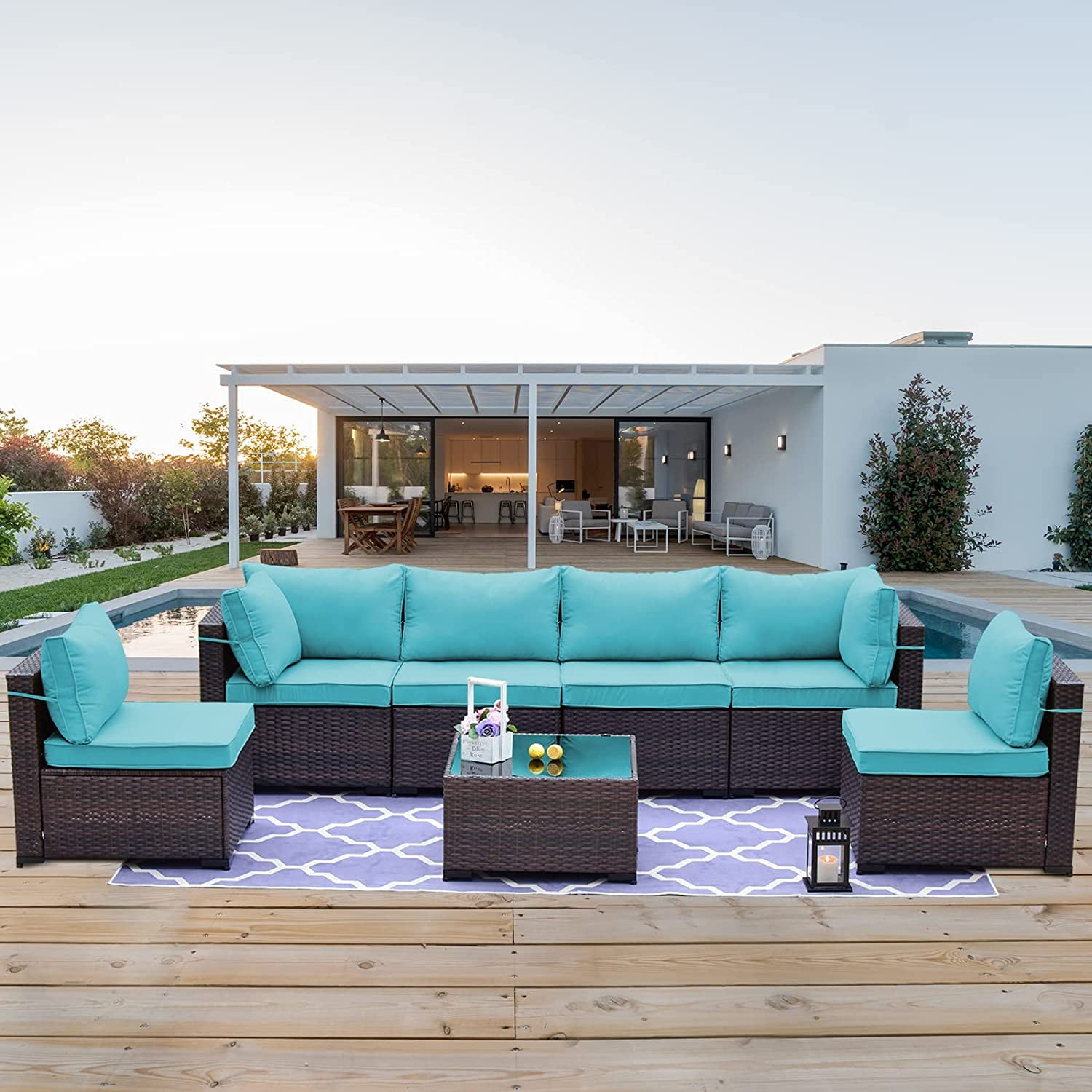 Gotland 5-Piece Rattan Dining Set - Tempered Glass Table, 4 Chairs With Cushions, Umbrella Hole - Indoor/Outdoor