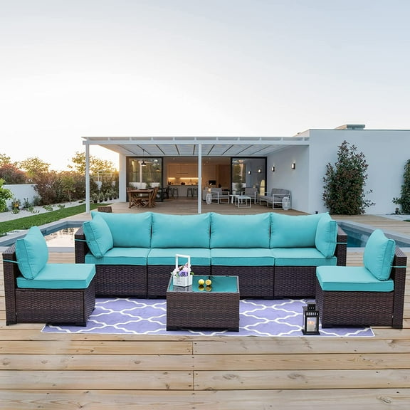 Gotland Patio Furniture Set 7 Pieces Outdoor Sectional Rattan Sofa Set Brown Manual Wicker Patio Conversation Set with Blue Cushions,1 Tempered Glass Tea Table