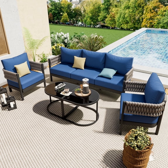 Gotland Metal Patio Furniture Set, Woven Rope Outdoor Sofa Set with Removable Cushion Cover and Detachable Coffee Table, Sectional Furniture for Backyard and Garden, Blue