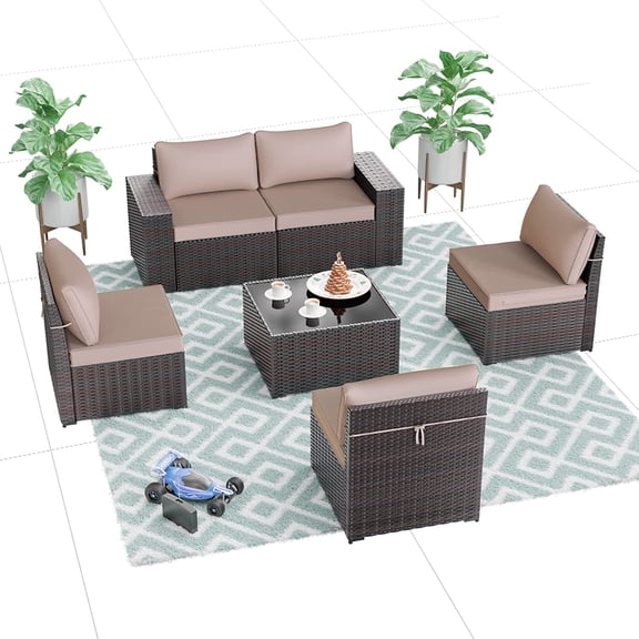 Gotland Patio Furniture Sets 6 Pieces Weather Rattan Wicker Couch Set,Sand