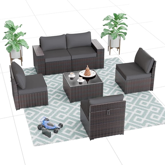 Gotland Patio Outdoor Furniture Sectional Sofa Conversation Set 6Pcs PE Rattan Wicker Couch, Grey