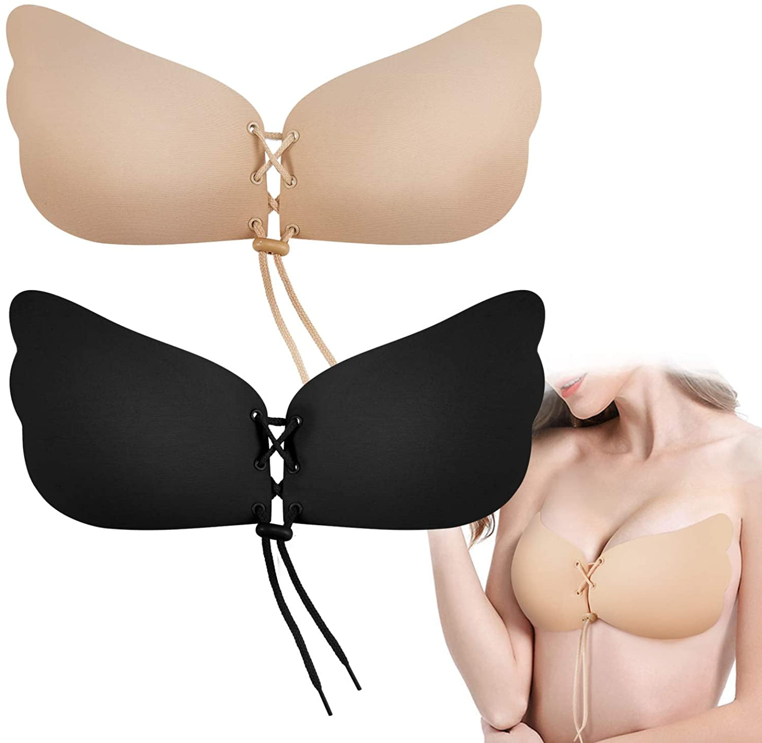 Gotoly 2 Pack Strapless Bra Adhesives Push Up Women Sticky Invisible  Drawstring the strapless push up bra's cups(Black/Beige X-Large) 