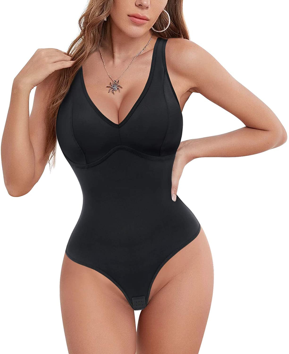 Gotoly Bodysuit Shapewear for Women Tummy Control Tank Top Camisole  Sleeveless V Neck Padded Bra Jumpsuit Stretchy Leotard(Black X-Large) 
