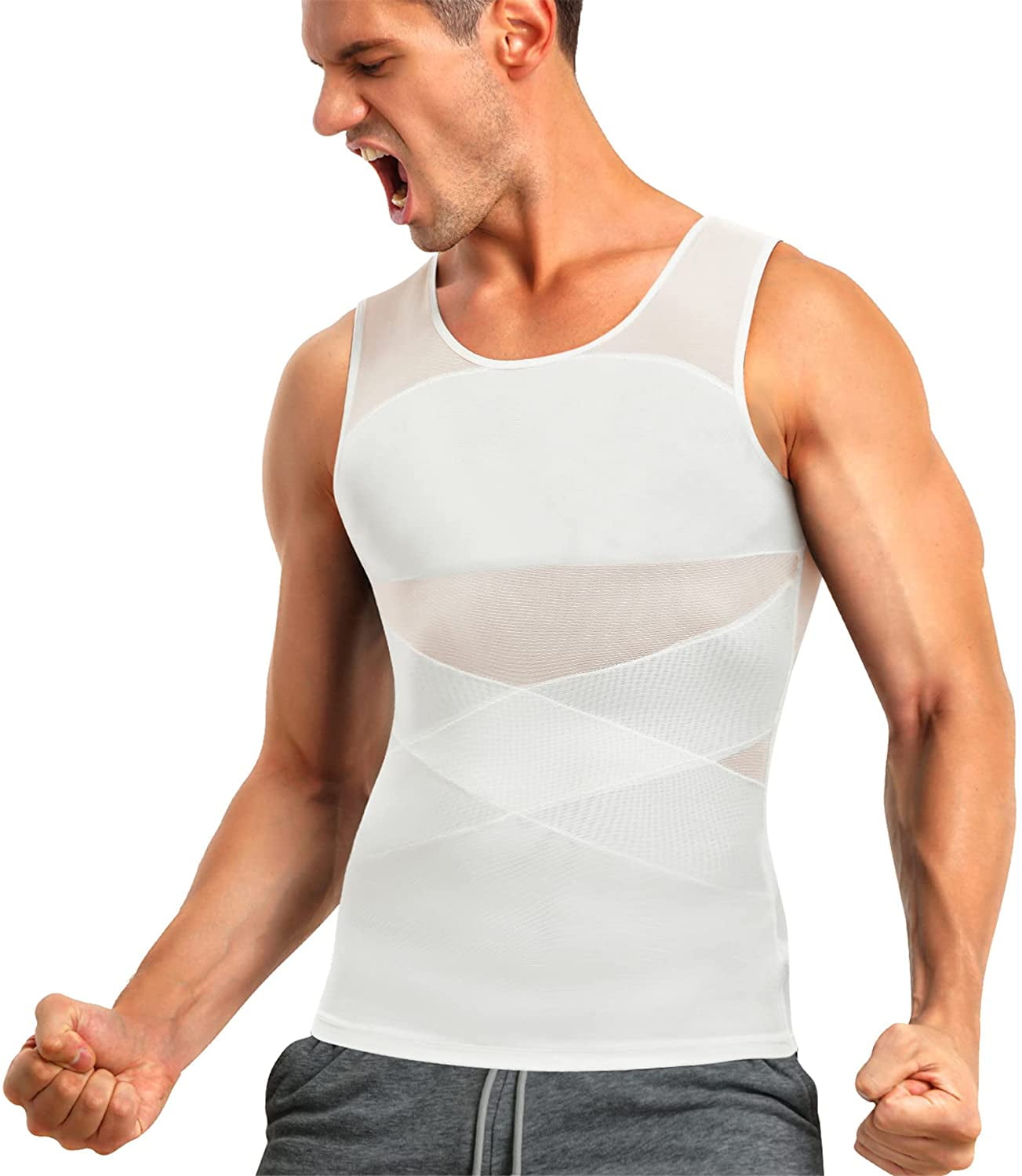 Aptoco Gynecomastia Compression Shirts for Men Tummy Control Body Shaper  Slimming Shapewear Undershirt Tank Top (XL, White)