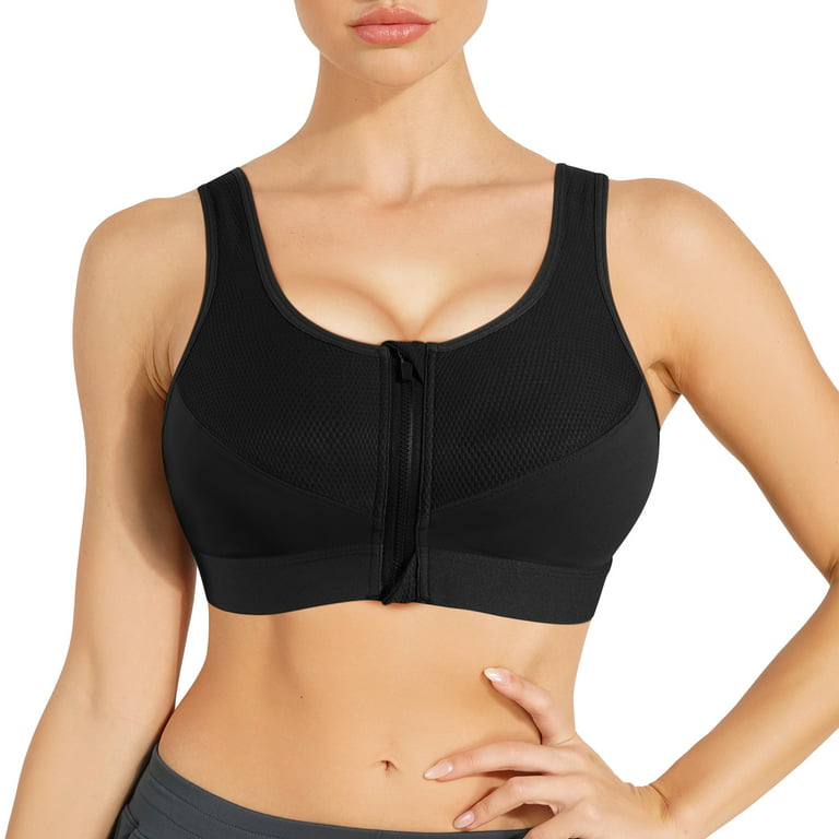 Gotoly Front Closure Sport Bras Full Coverage Bra Women Wirefree No Padding  Cross Back Support Tops with Zipper (Black XX-Large) 