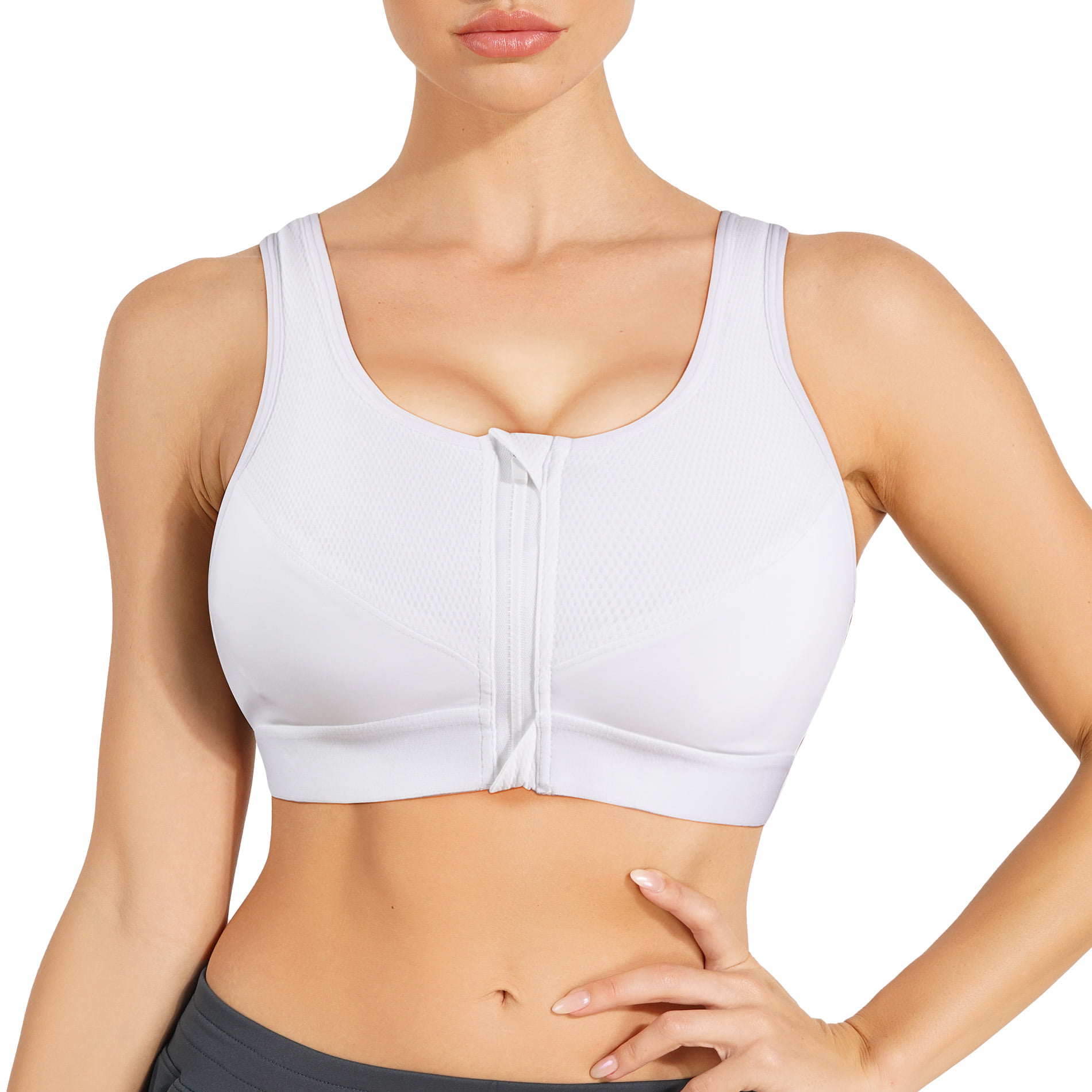 Gotoly Front Closure Sport Bras Full Coverage Bra Women Wirefree No Padding  Cross Back Support Tops with Zipper (White Small) 