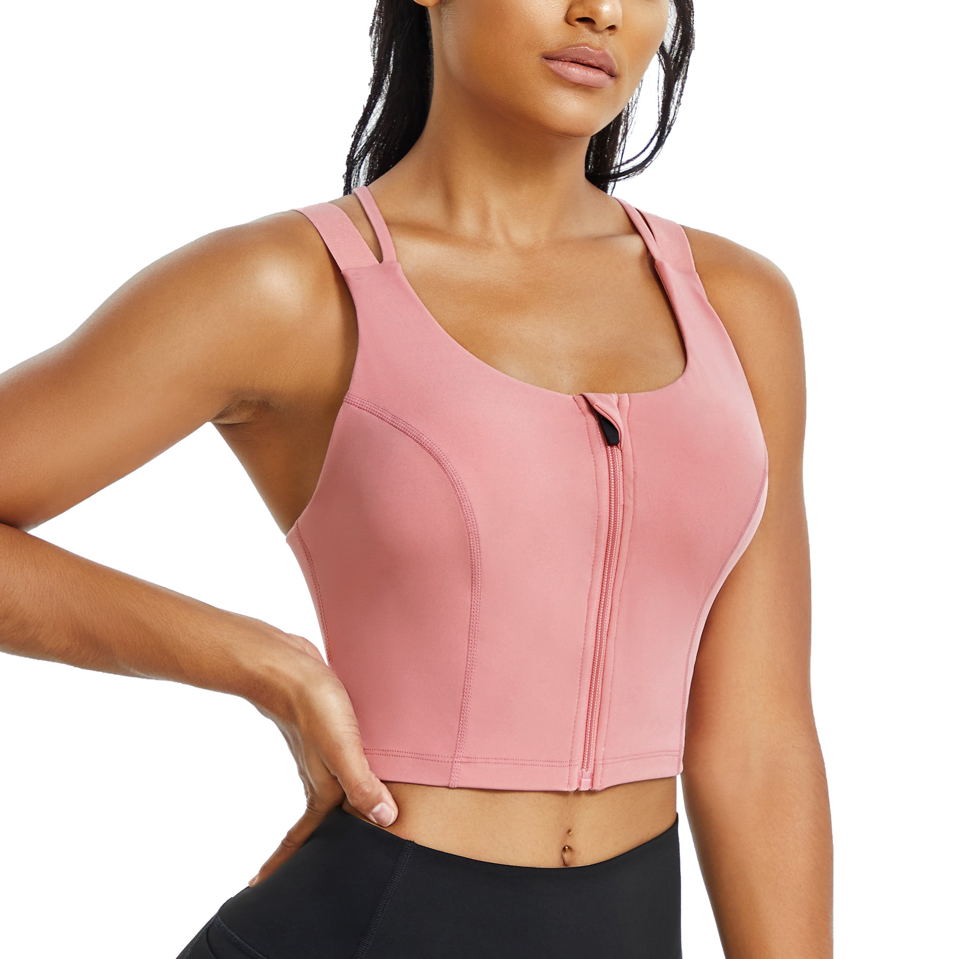 Gotoly Longline Sports Bra Criss Cross Top for Womens Strappy Wireless Bra  Zip Front Workout Crop top Padded Tank top(Pink XX-Large) 