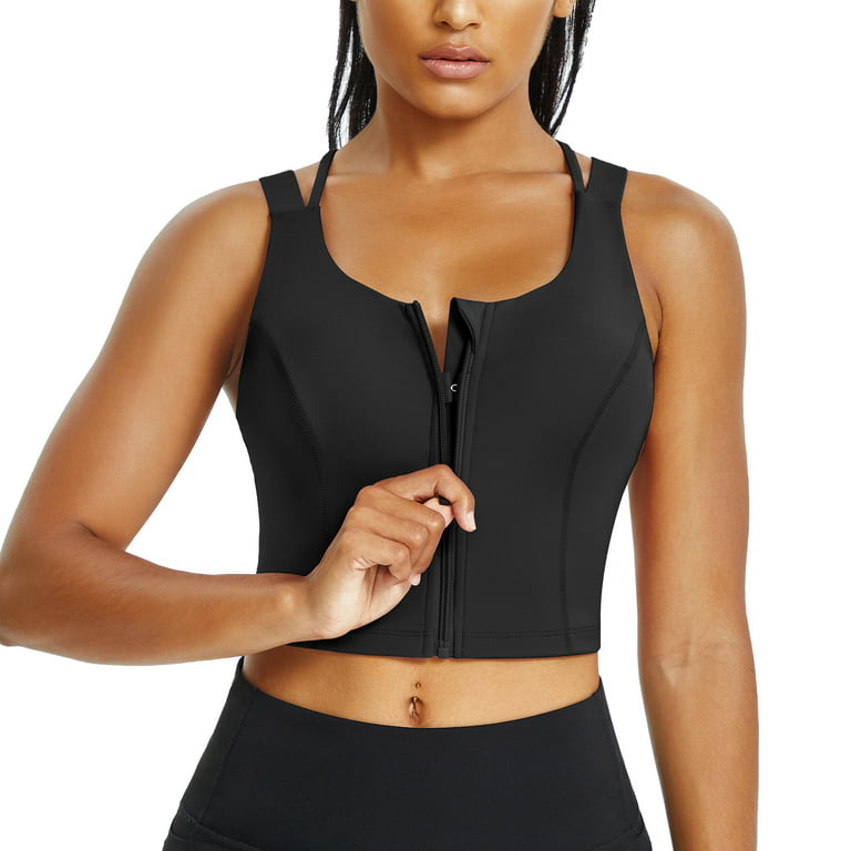 Gotoly Longline Sports Bra Criss Cross Top for Womens Zip Front Workout  Crop top Padded Tank top Strappy Wireless Bra (Black 3X-Large) 