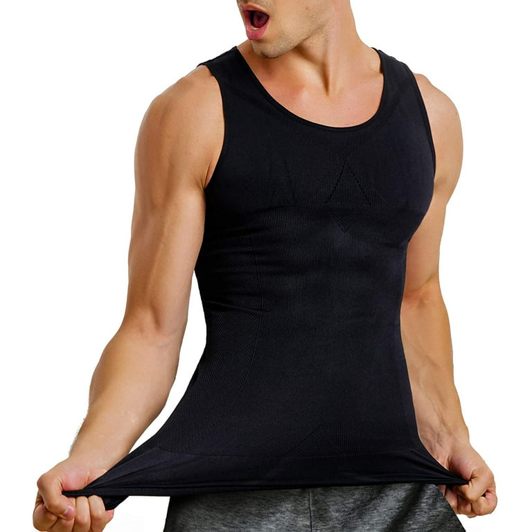 Gotoly Mens Compression Shirt Slimming Body Shaper Vest Sleeveless Waist  Traner Workout Tank Top Tummy Control Shapewear(Black Medium-Large)