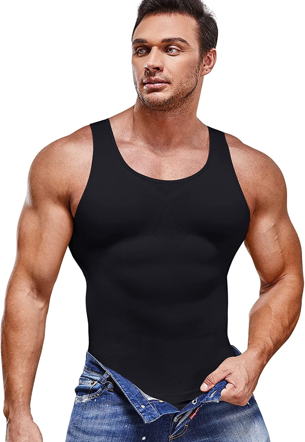 Gotoly Mens Compression Shirts Slimming Body Shaper Vest Workout Tank Top  Tummy Control Shapewear Abs Abdomen Undershirt(Black Medium-Large) 