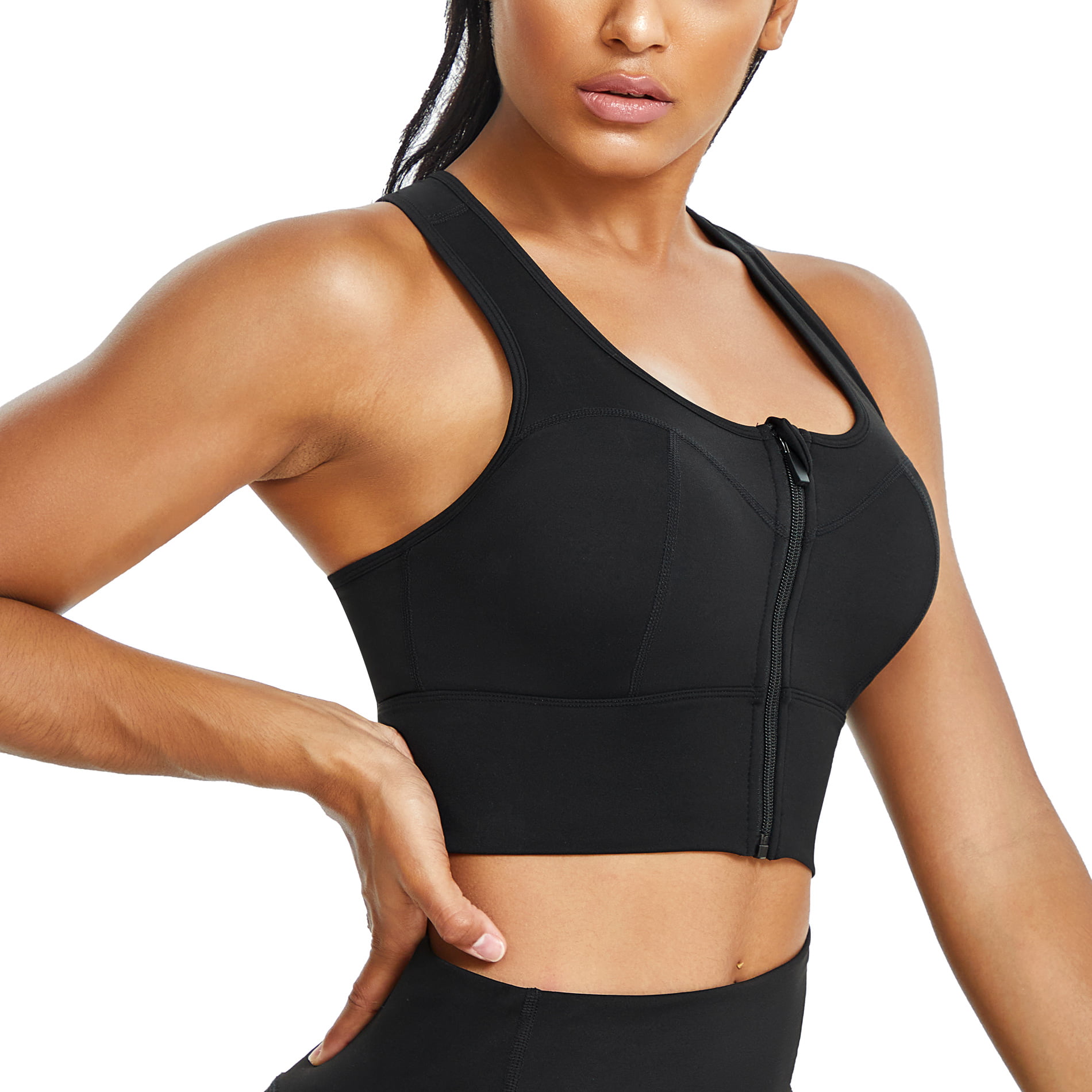 Gotoly Racerback Sports Bra for Womens Longline Yoga Bra Zip Front Crop Top  Padded Tank Tops Workout Shirt(Black Large)