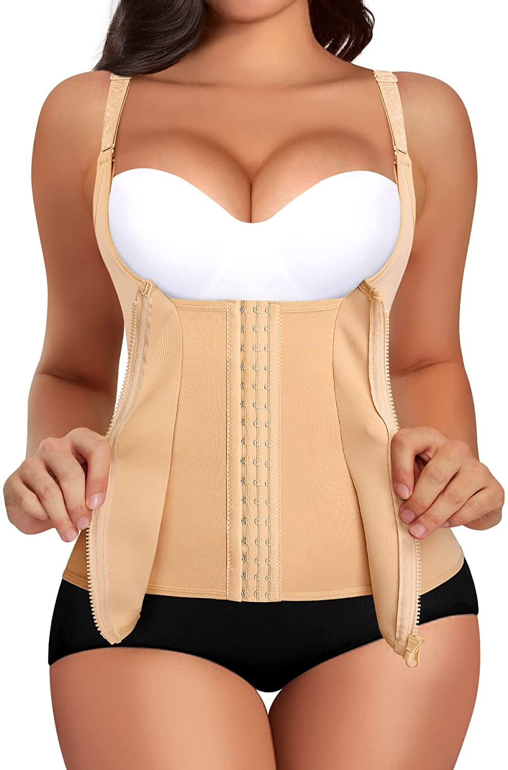Gotoly Waist Trainer for Women Body Shaper Girdles Shapewear Tummy control  Corset Zipper Vest With Adjustable Straps(Beige Large)