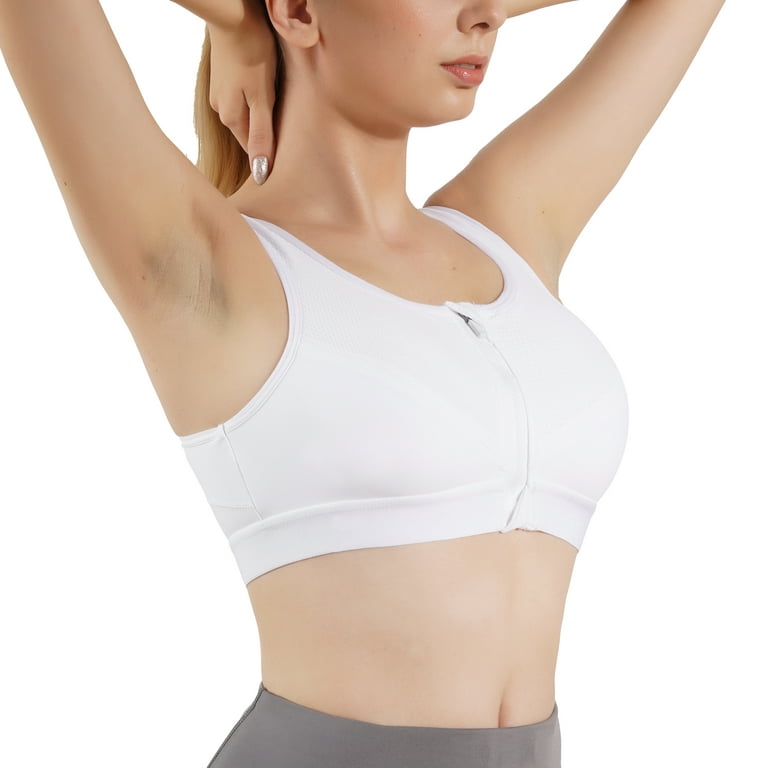 Gotoly Women Front Closure Sport Bras Full Coverage Bra Wirefree No Padding  Cross Back Support Tops with Zipper (White X-Large) 