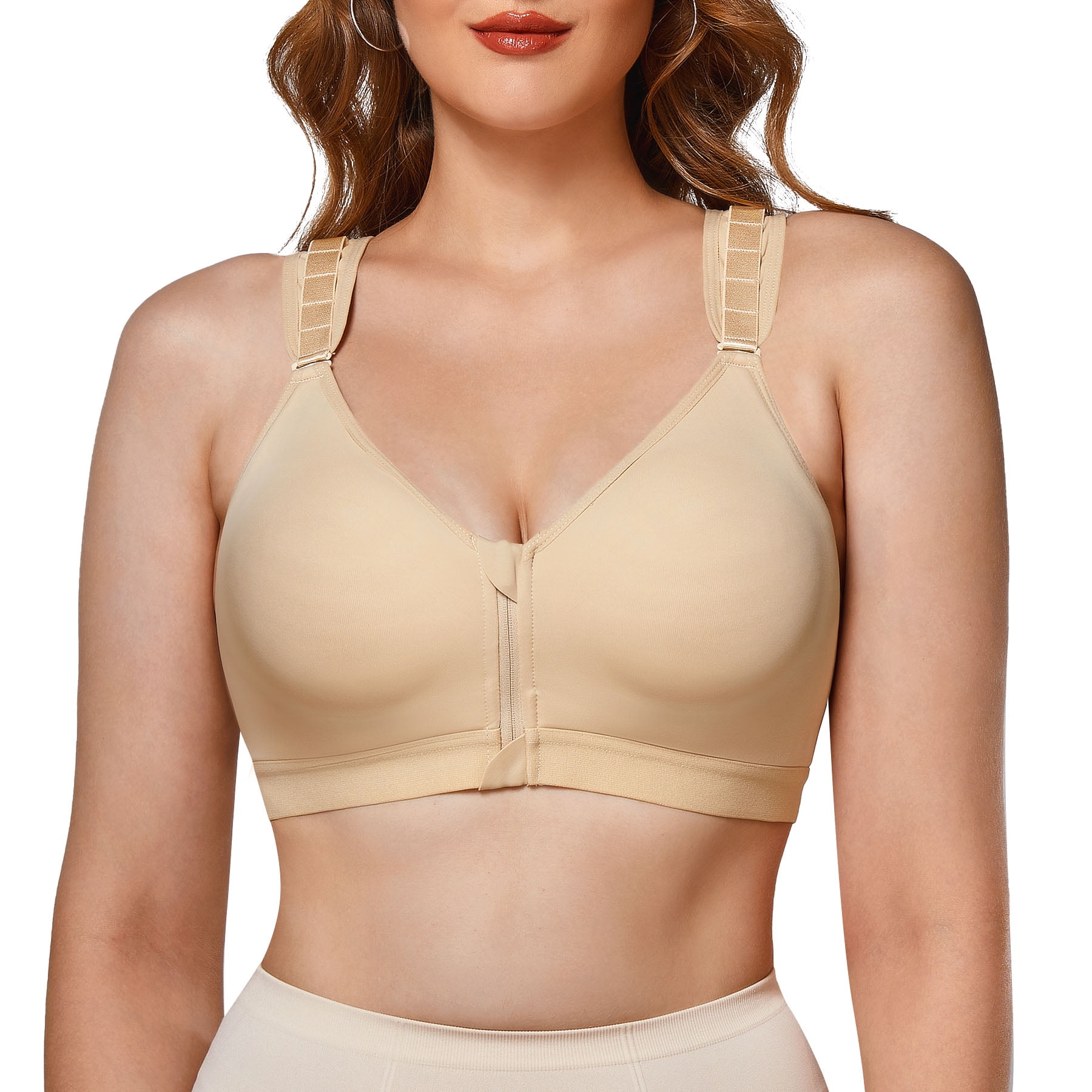 Gotoly Women Post Surgery Sports Bras Post-Surgical Bra Zip Front Racerback  Support Wireless Adjustable Straps(Beige Large)