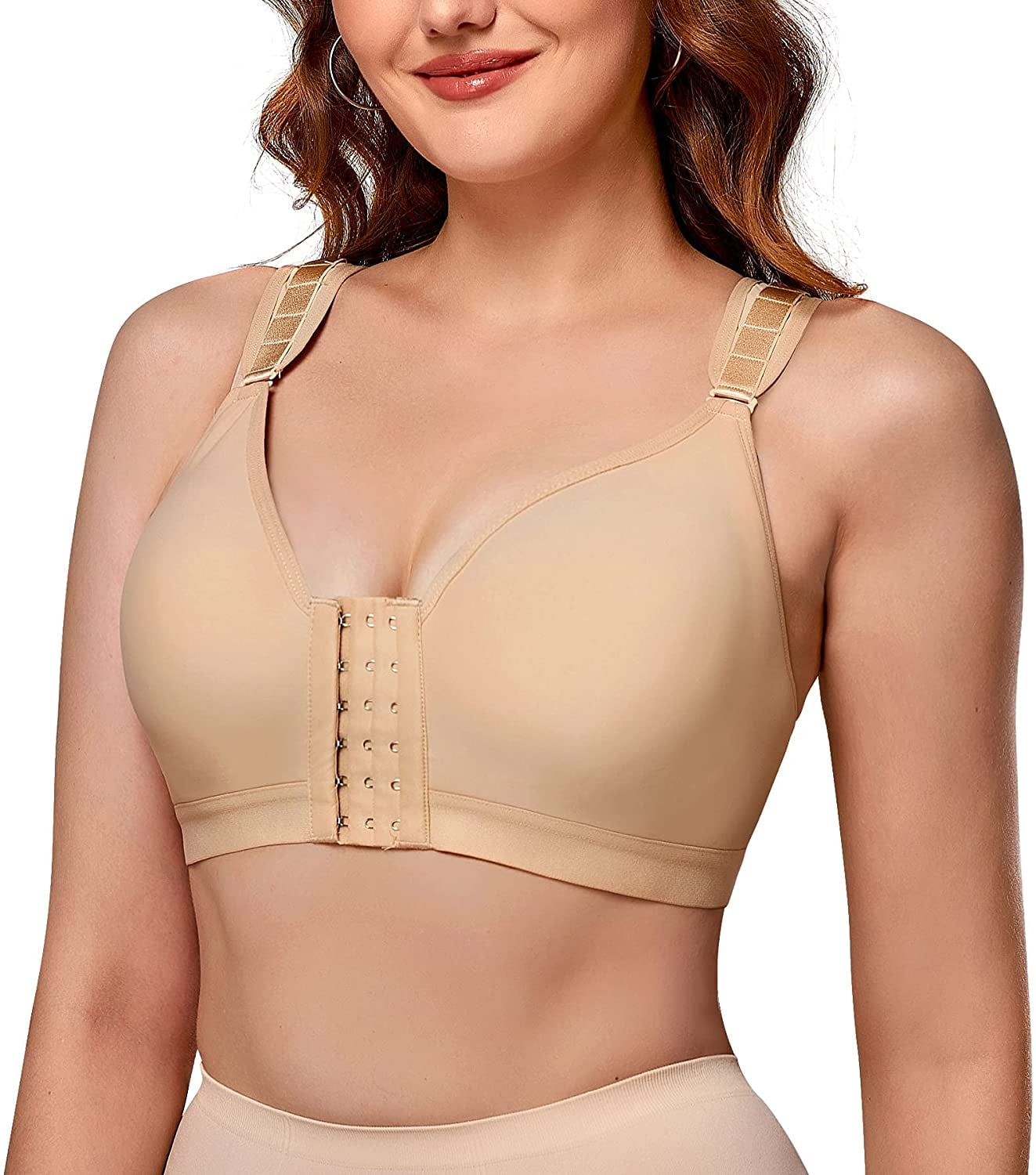 Gotoly Women Post Surgical Bra Front Closure Zip Hooks Sports Bras  Racerback Support Wirefree Adjustable Straps(Beige Large) 