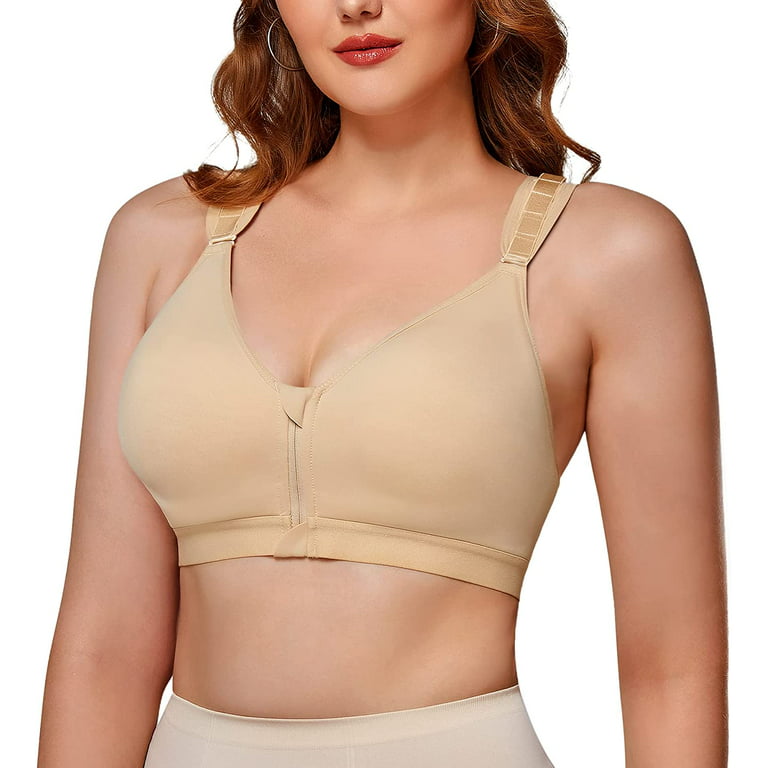 Gotoly Women Post Surgical Bra Front Closure Zip Hooks Sports Bras  Racerback Support Wirefree Adjustable Straps(Beige Small)