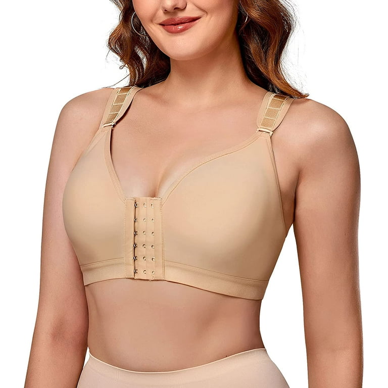 Gotoly Women Post Surgical Bra Front Closure Zip Hooks Sports Bras  Racerback Support Wirefree Adjustable Straps(Beige XX-Large) 