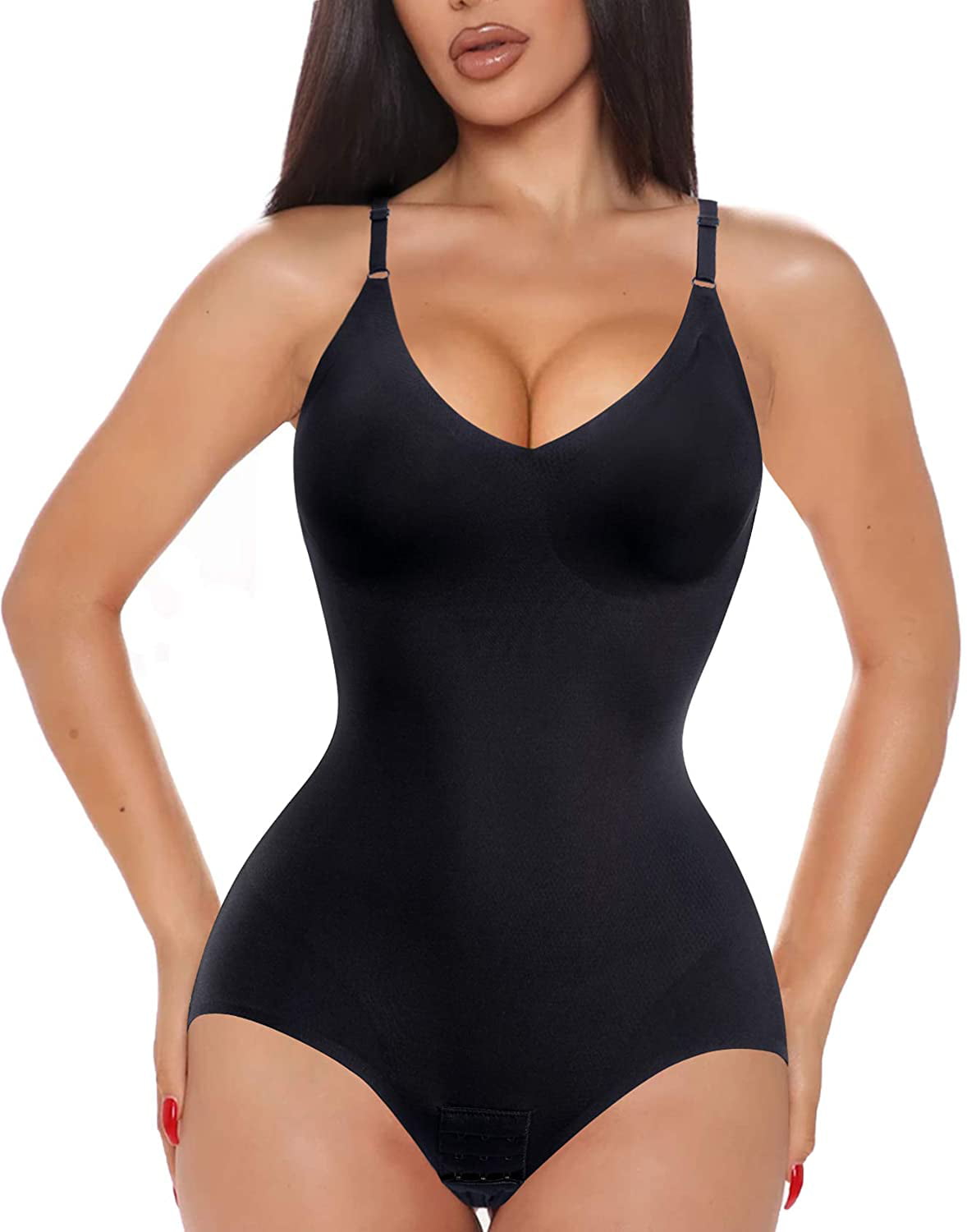 Gotoly Thong Shapewear Bodysuit with Built in Bra Womens V Neck Tummy  Control Full Body Shaper Girdle Fajas Colombianas(Black Medium)