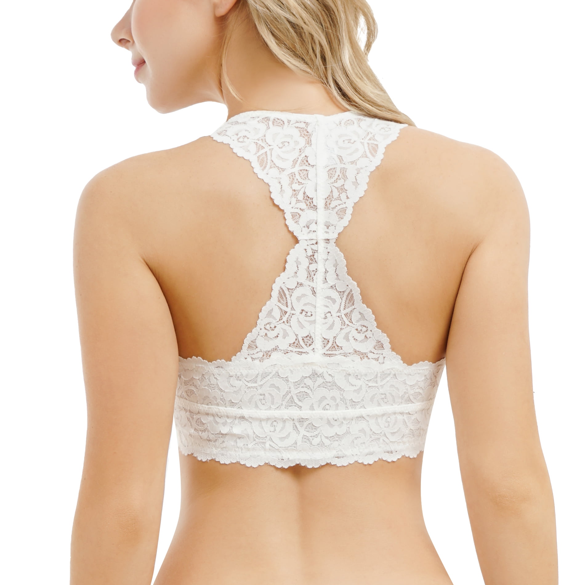 Gotoly Womens Lace Racerback Bralette Wireless Bra Padded Deep V Neck Crop  Top (White Large)