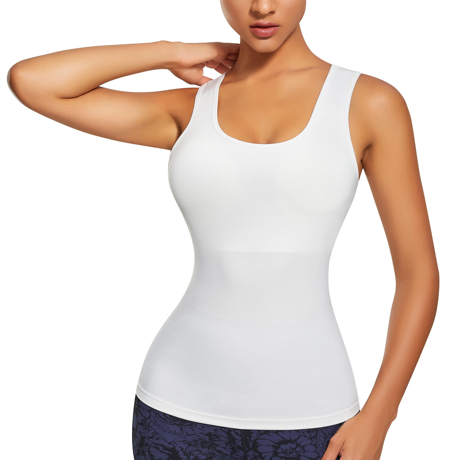 CRZ YOGA Seamless Workout Tank Tops for Women Racerback Athletic Camisole  Sports Shirts with Built in Bra Small White