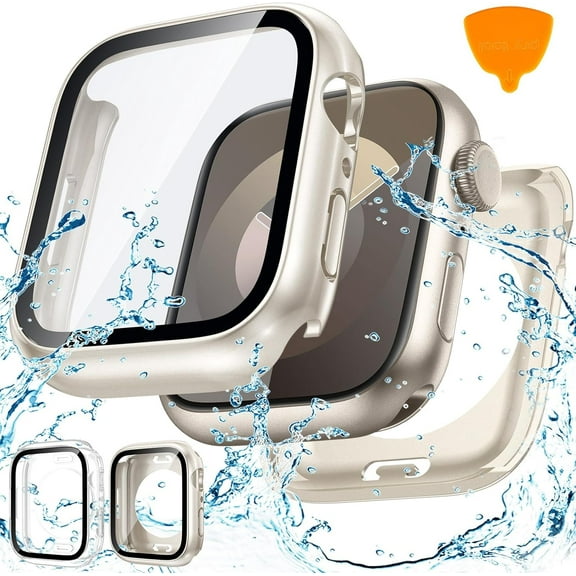 Goton 2 Pack Waterproof Case for Apple Watch Series 6 5 4 SE 2nd Generation Screen Protector 44mm, Tempered Glass Hard PC Shockproof Cover Back Bumper for iWatch