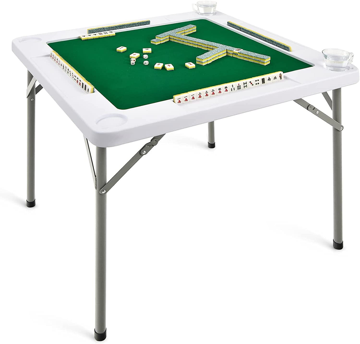 Gotoplay Mahjong Table, Folding Mahjong Table w/Green PVC Tabletop, 4 Cup Holders & 4 Chip Trays, 35 Square 4-Player Folding Card Game Table for Mahjong Poker Domino Game