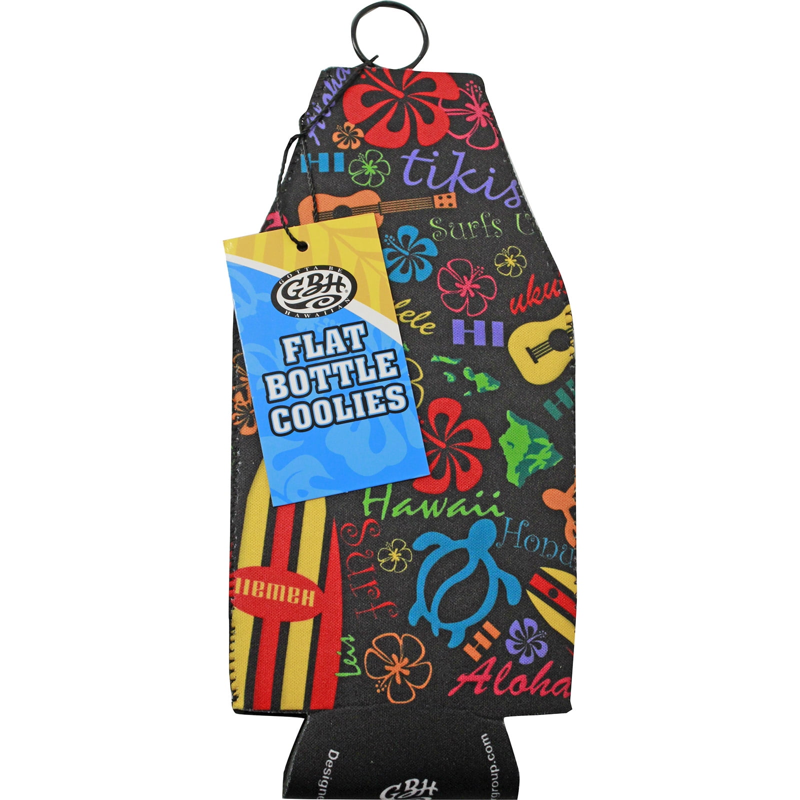 Gotta Be Hawaiian Neoprene Flat Bottle Coolies - Words of Hawaii  (Black) 12 oz