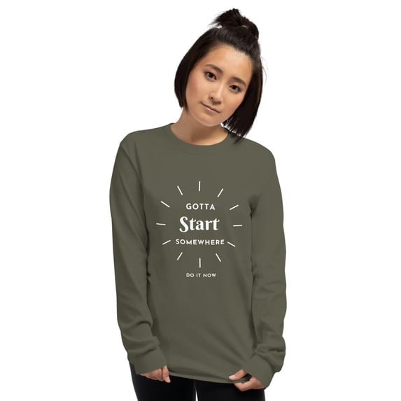 Gotta Start Somewhere Men’s Long Sleeve Shirt (Military Green, 4XL)