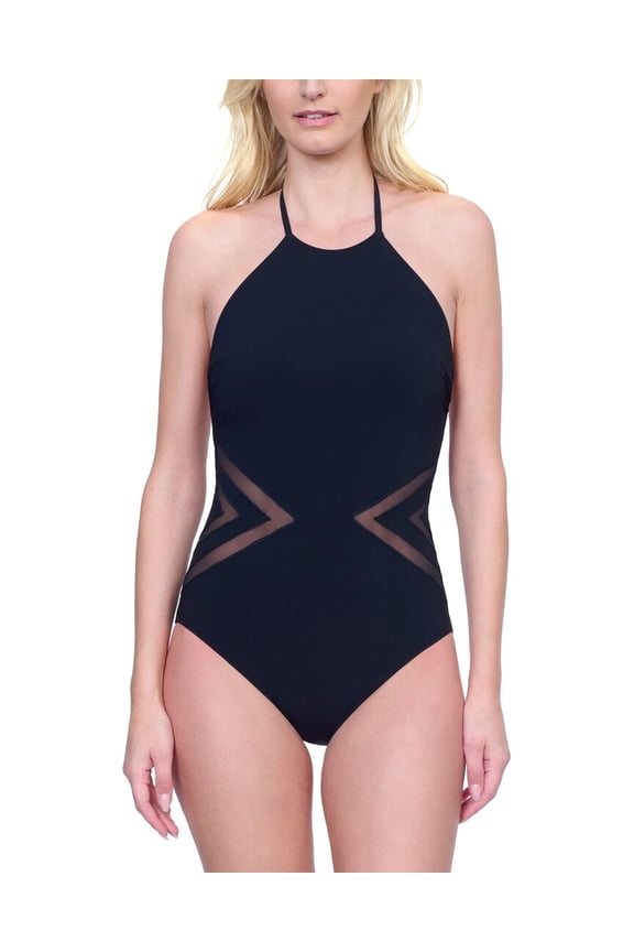 womens High Neck One-Piece, 12, Black