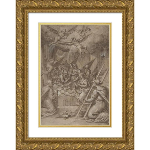 Gottfried de Wedig 11x14 Gold Ornate Wood Frame and Double Matted Museum Art Print Titled - The Christ Child Adored by Angels (Late 16th-Mid-17th Century)