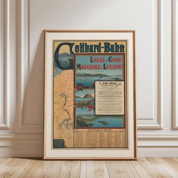 Gotthard Bahn Alpine Lake Map Wall Decor Unframed Paper Print