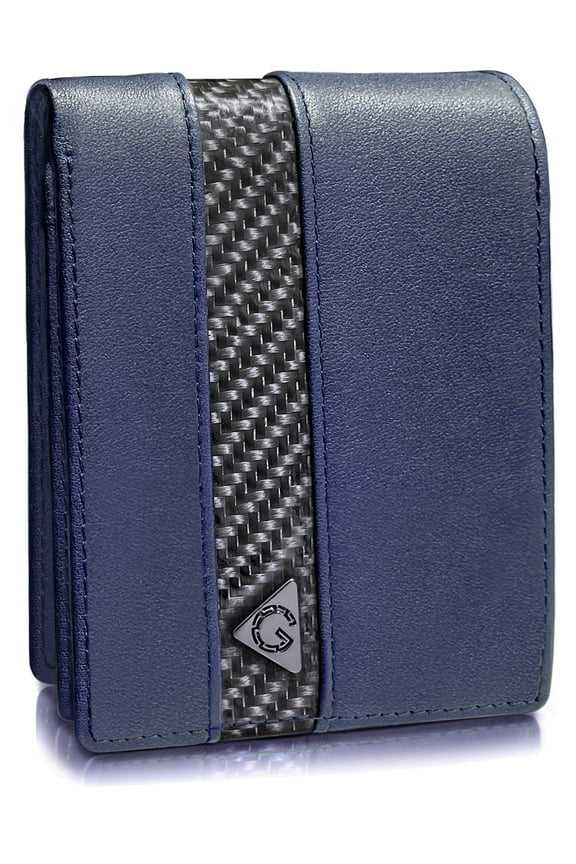 Navy Blue 100% Genuine Full Grain Leather Passcase Wallets for Men, RFID Blocking Bifold Mens Wallet with 2 ID Windows Flip pocket, 8 Card Holder & Stylish Gift Box