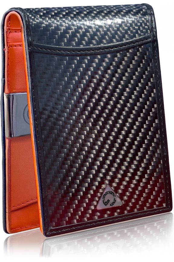 Wallet for Men with Money Clip Real Carbon Fiber RFID Blocking Mens Wallet Minimalist Front Pocket Card Holder Leather Bifold with ID Window Gift Box
