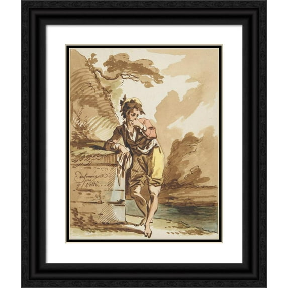 Gottlieb Welté 12x14 Black Ornate Wood Framed Double Matted Museum Art Print Titled: Boy Leaning on a Wall