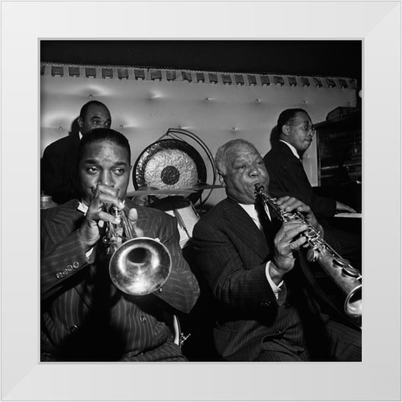 Gottlieb, William 12x12 White Modern Wood Framed Museum Art Print Titled - Freddie Moore-Hot Lips Page-Sidney Bechet New York 1947