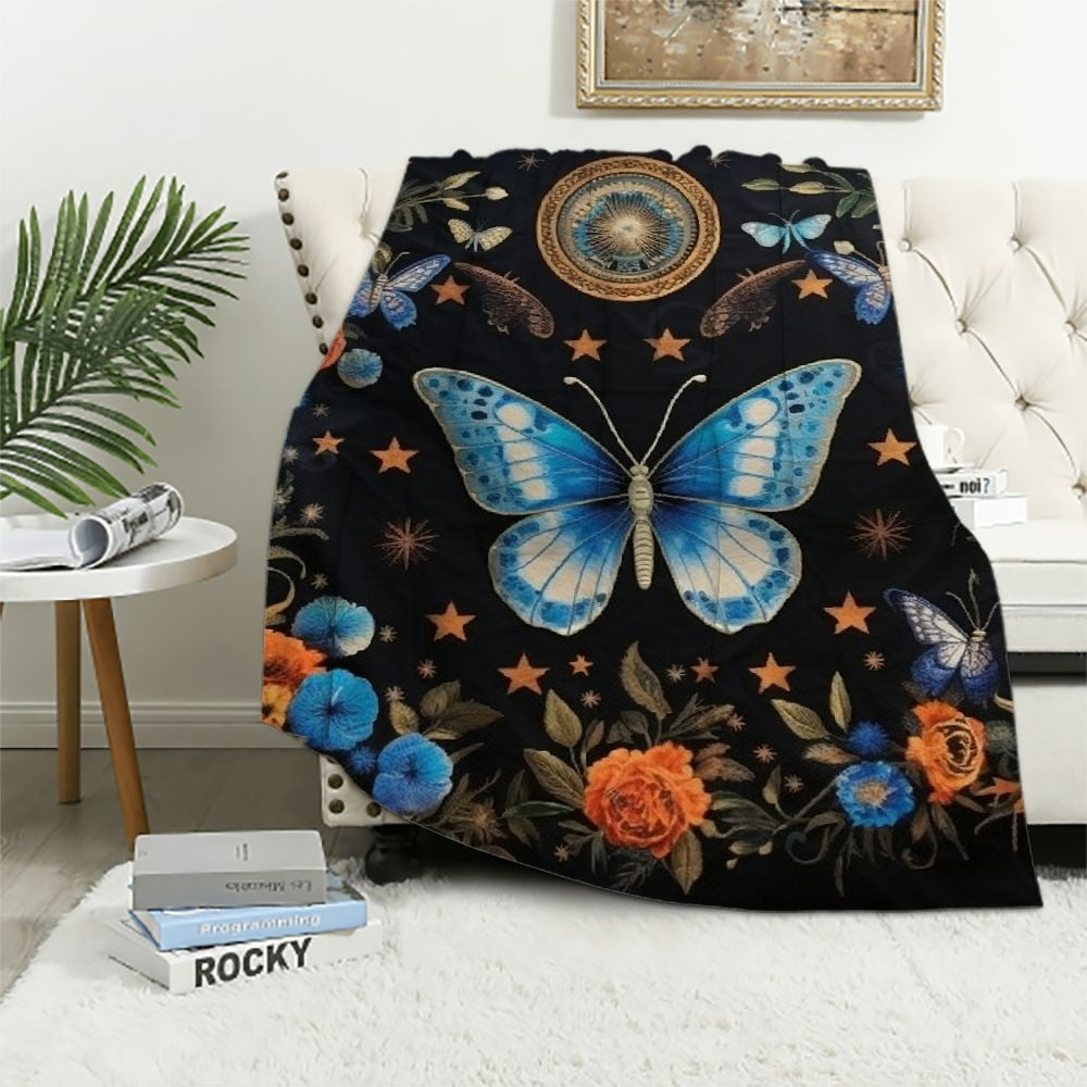 Gotuvs Blue Butterfly Moon Flower Throw Blanket, Botanical Floral Plant