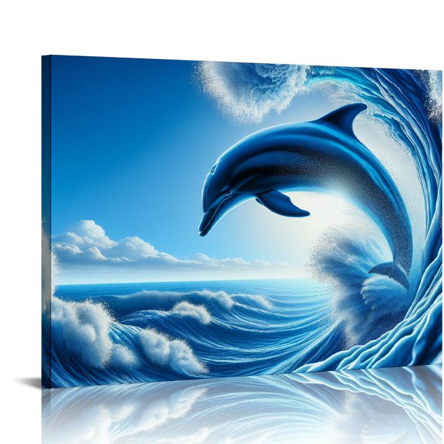 Gotuvs Dolphin Wall Art Marine Animals Poster Blue Waves Seascape