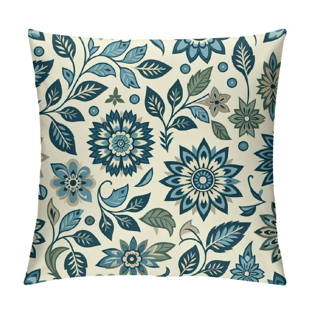 Gotuvs, Mughal Flower Pillow Cover Chinoiserie Blue Floral Throw Pillow