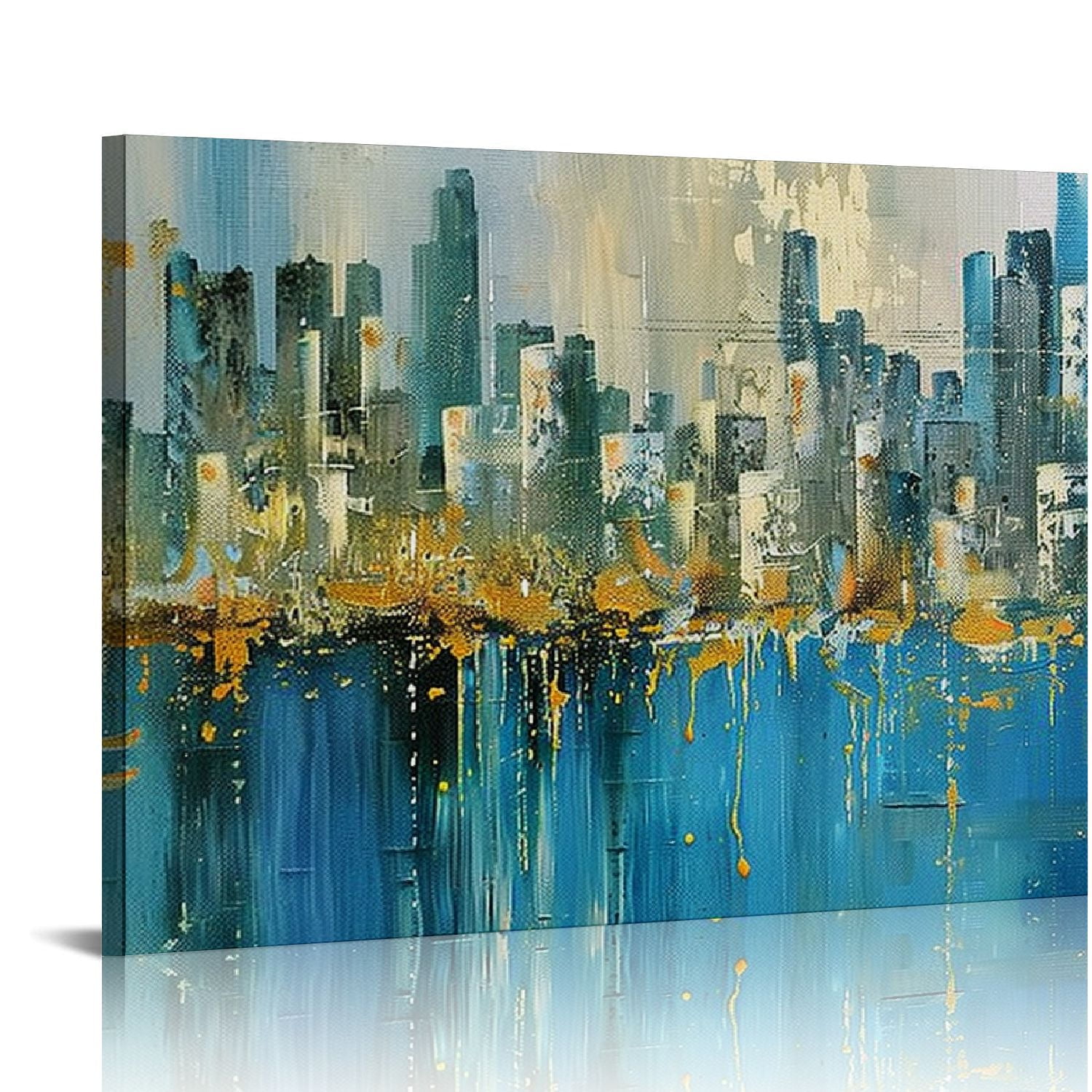 Gotuvs Teal Abstract Cityscape Canvas Wall Art Modern Skyline Gold
