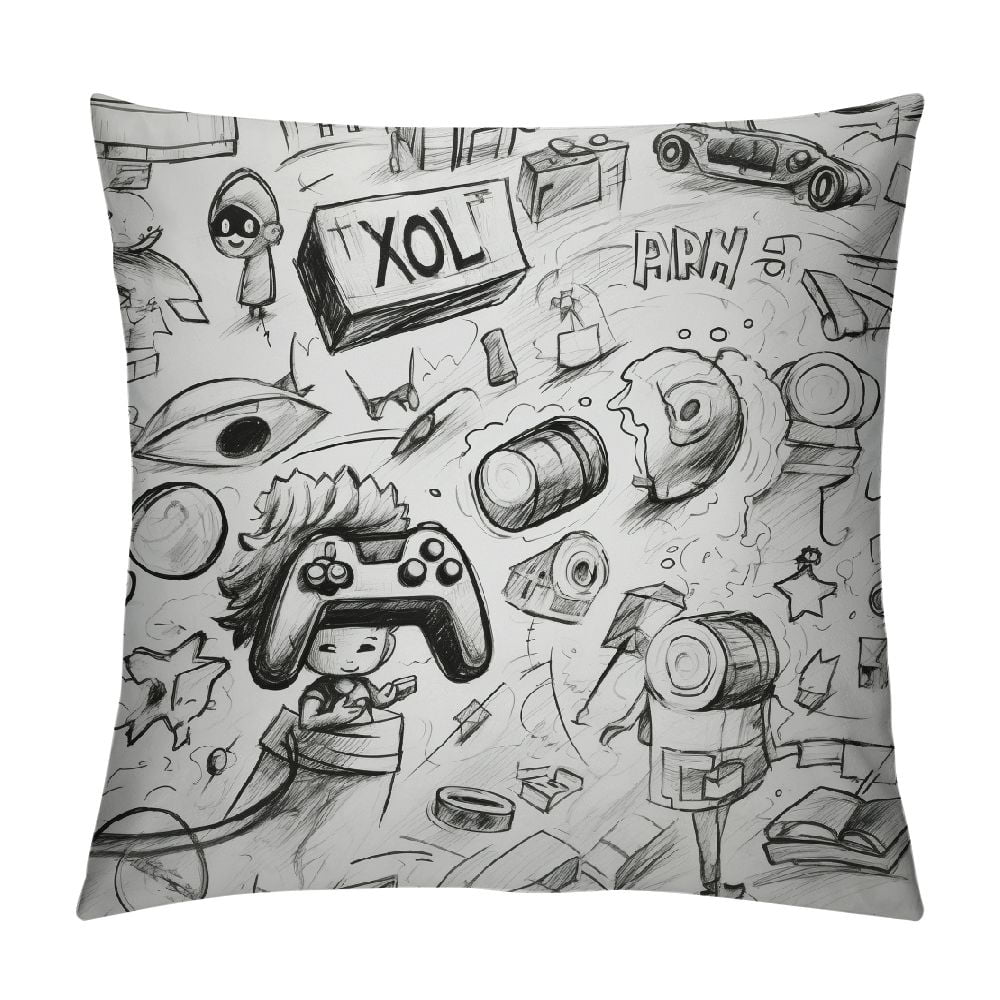 Gotuvs Video Games Pillow Cushion Cover Monochrome Sketch Style Gaming